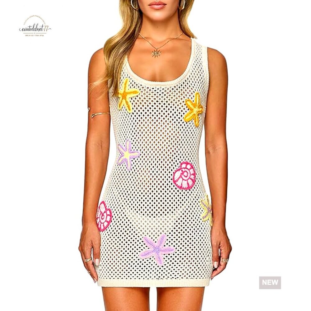 Sleeveless Mini Dress Crochet Beach Cover Up 3D Starfish Shells X-Small